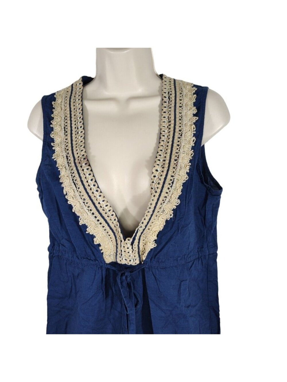 Mud Pie Blue Babydoll Top Boho Women Size S Plunge V-neck Sleeveless Tie Waist - Picture 3 of 9